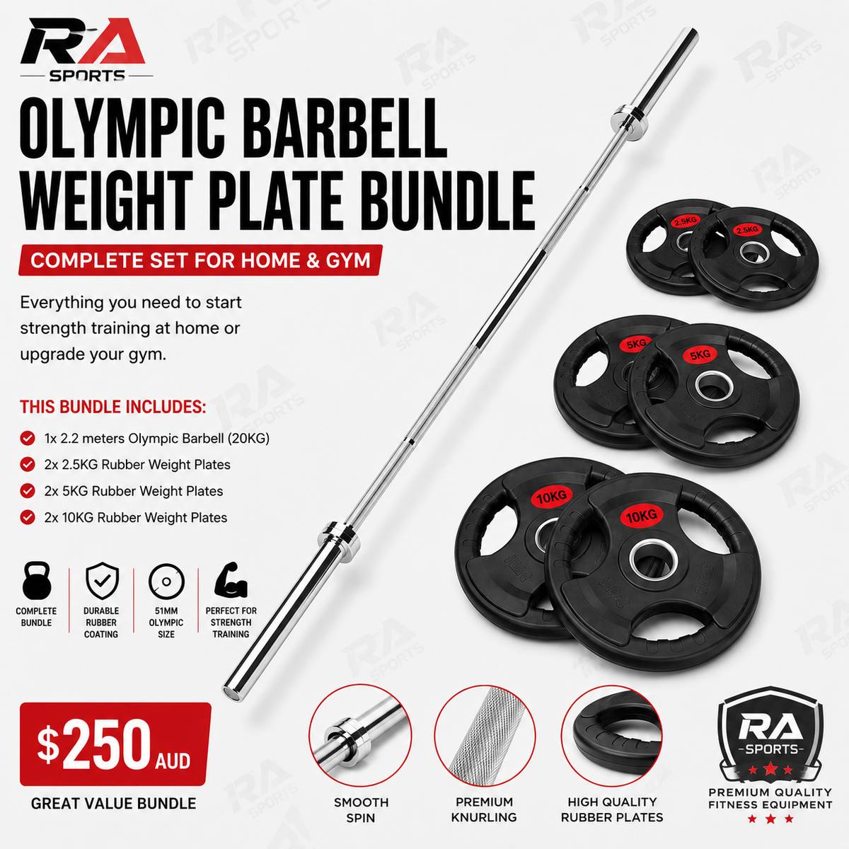 55KG Olympic Barbell & Rubber Weight Plate Bundle